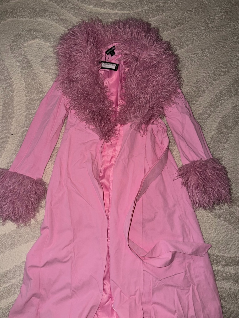 PrettyLittleThing Pink Faux Fur Trim Belted Maxi Coat | US 0 | NWT